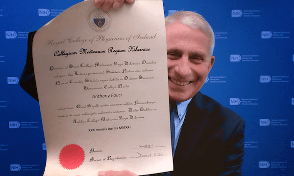 Dr Fauci with his Honorary Fellowship cert